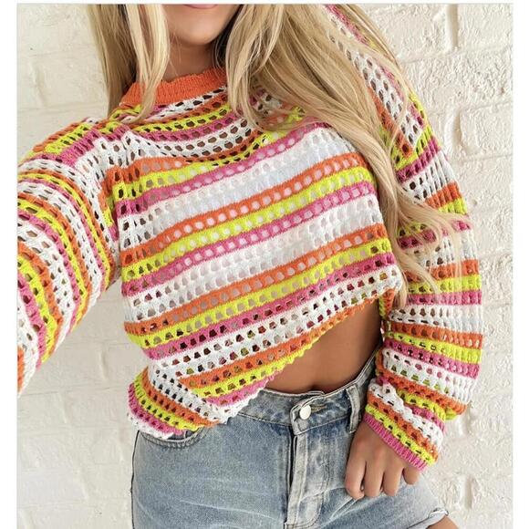 Pink Lily Sweaters - Pink Lily Open Knit Pink, Orange, and White Knit Summer Sweater Size: Large